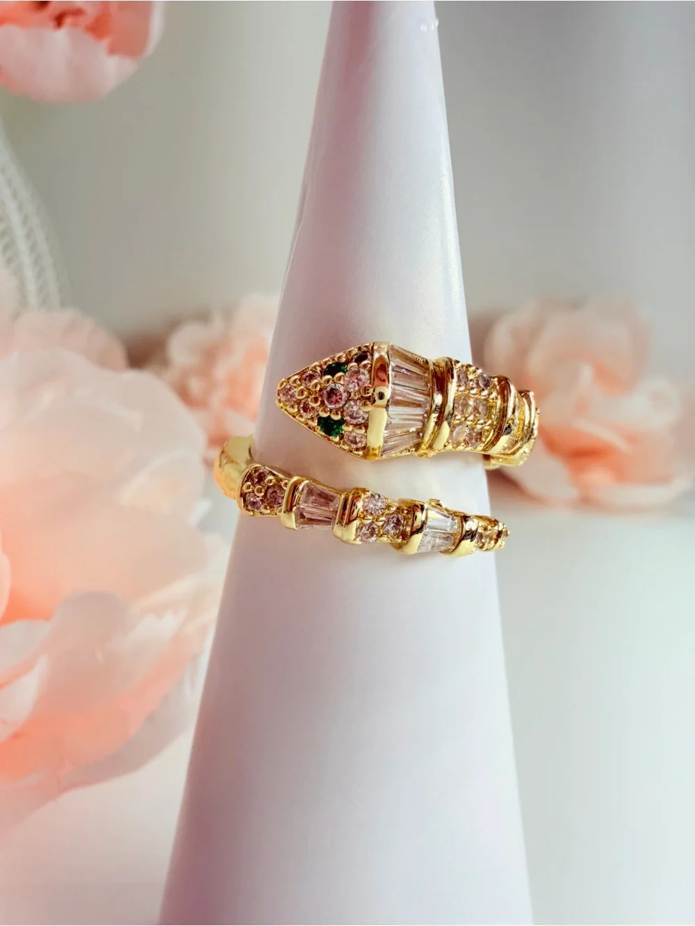 Gold Serpent-Style Ring with  Green Crystal Accents
